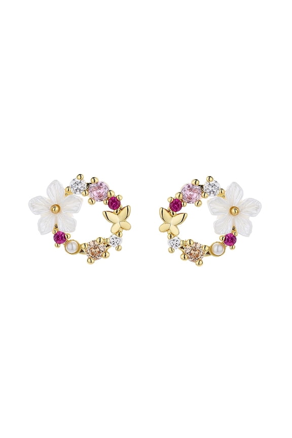 14K Gold Over Sterling Silver Opal and Resin Open Flower earring with crystals