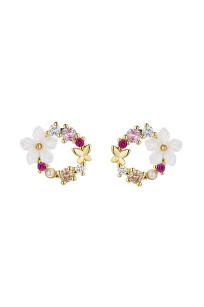 14K Gold Over Sterling Silver Opal and Resin Open Flower earring with crystals
