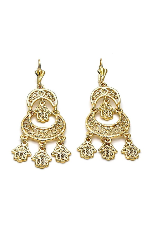 14 K Gold Plated 3" Long Chandelier Dangle Filigree Earrings Hamsa Design
