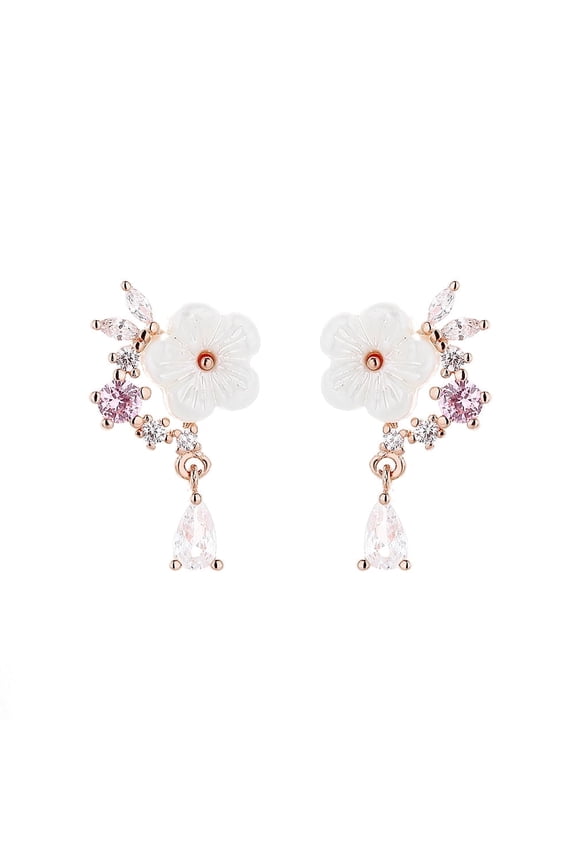 14K Rose Gold Over Sterling Silver and Pink Cat's-Opal Eye Flower Drop Earrings