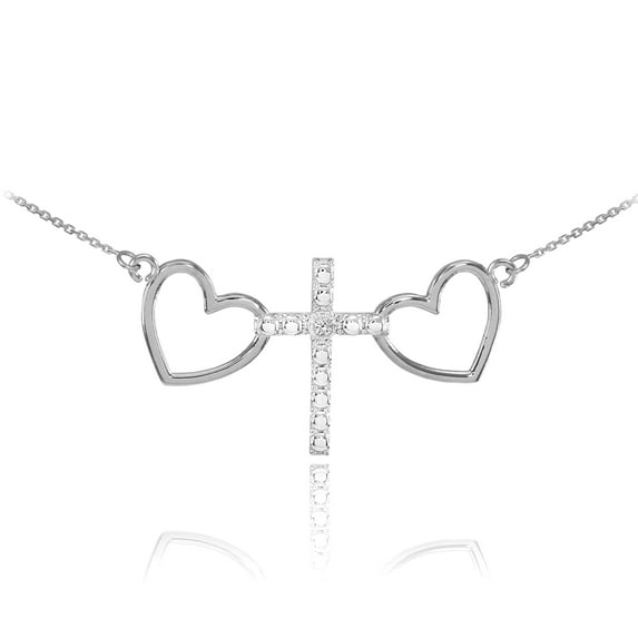 14 K WHITE GOLD HEART CROSS DIAMOND NECKLACE : 20"