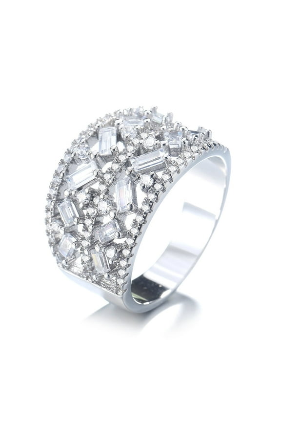 14 K White Gold Plated Geometric Floral Ring With Crystals from Swarovski