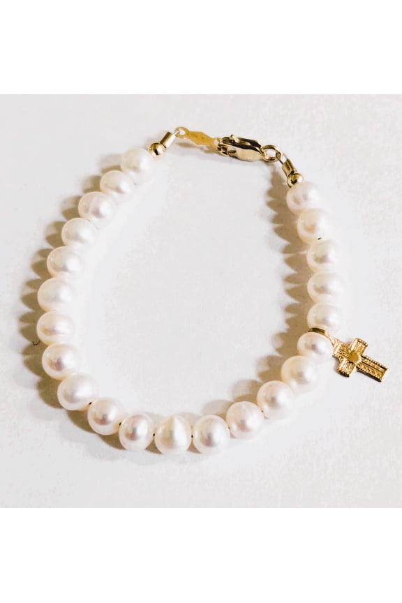 14 KT Mindy Harris Cultured Freshwater Pearl Bracelet with mini cross 4.75 inch