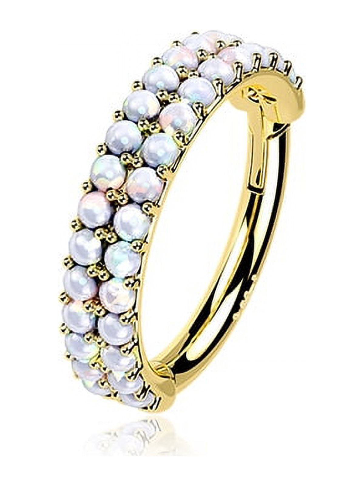 BM25 JEWELRY 14 Karat Gold Double Lined Fire Opal Row Hoop Seamless Clicker Hoop Ring-White Opal