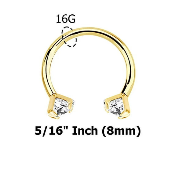 14 Karat Gold Horseshoe Circular Barbell Ring 16 Gauge Prong Set Gem