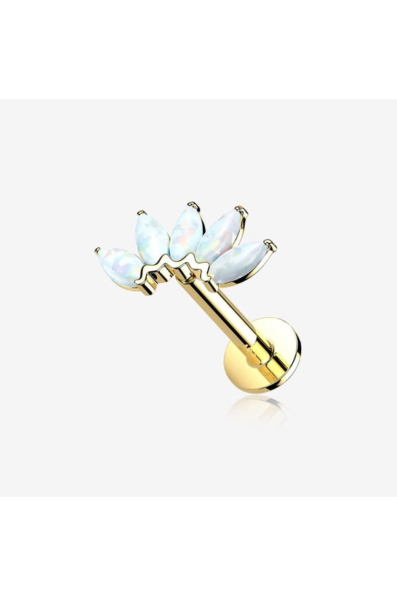 14 Karat Gold OneFit Threadless Brilliant Marquise Fire Opal Flower Flat Back Stud Labret