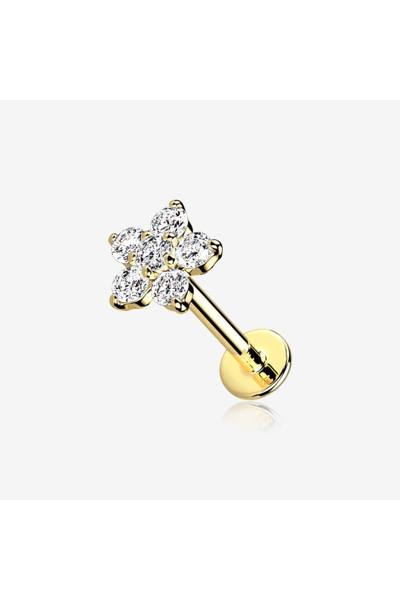 14 Karat Gold OneFit Threadless Brilliant Sparkle Flower Flat Back Stud Labret