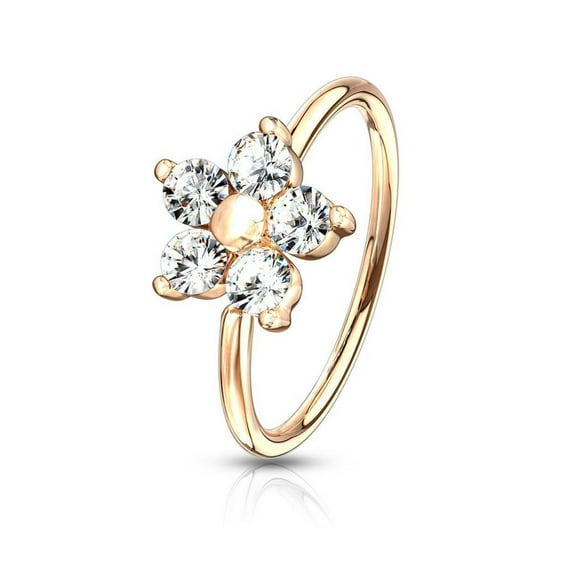 14 Karat Gold Plated Bendable Hoop Nose Ring 20 Gauge CZ Flower Top