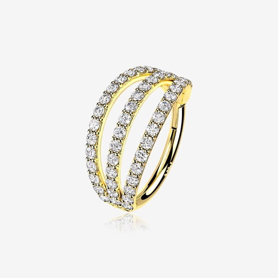 14 Karat Gold Triple Hoop Sparkle Rows Seamless Clicker Hoop Ring