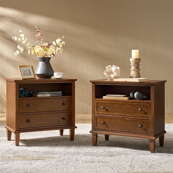 27" Tall 2-drawer Wooden End table Set of 2 with Charging Station Living room Walnut