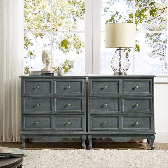 3 Drawer Solid Wood Accent Cabinet End Table with USB Dresser for Living Room Living Room Set of 2, Blue