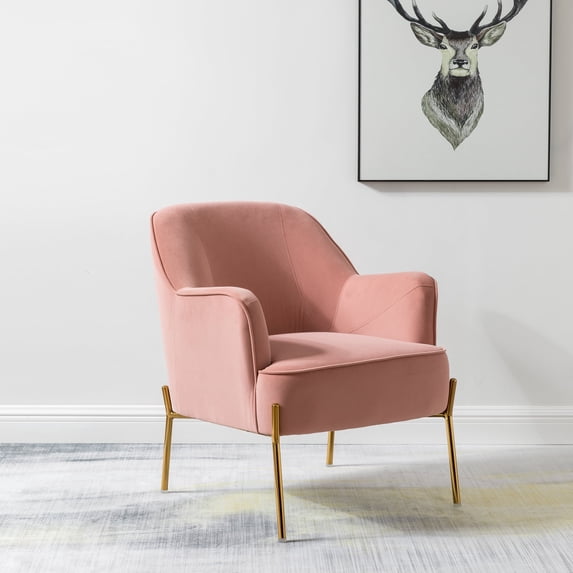 14 Karat Home Accent Velvet Chair for Living Room, Upholstered Armchair with Golden Finish, Pink