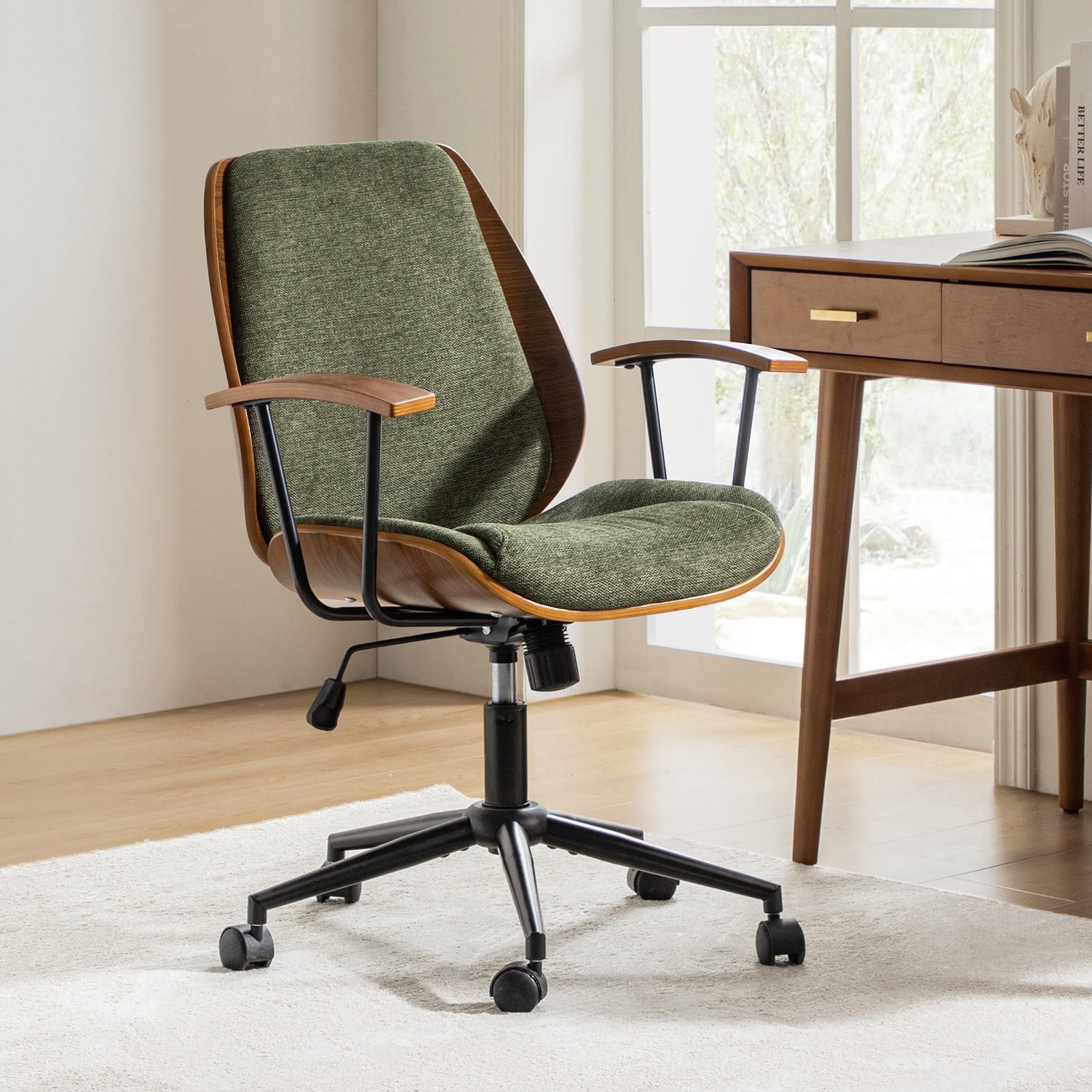 Ergonomic Adjustable Swivel Office Chair with Solid Wood Backrest and Premium Comfort Navy Cushion for Home Workplace
