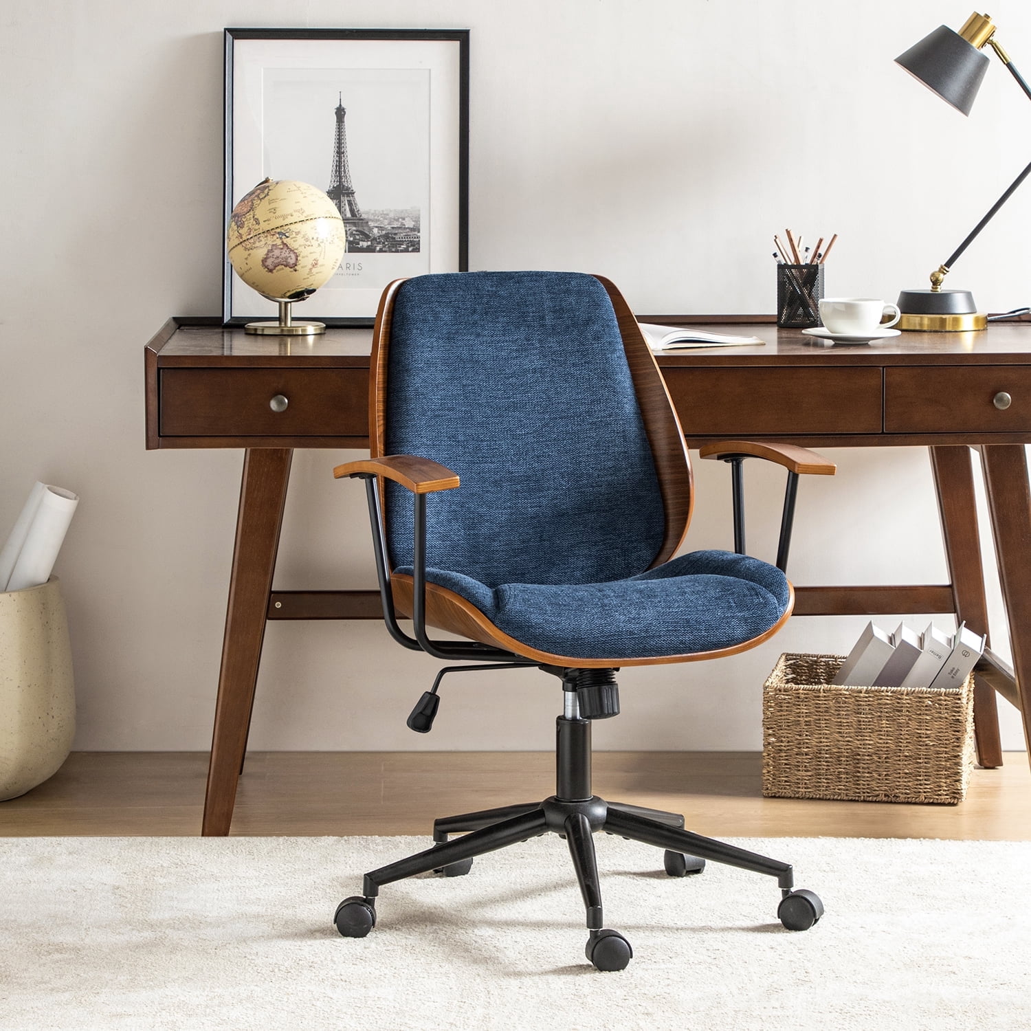 Ergonomic Adjustable Swivel Office Chair with Solid Wood Backrest and Premium Comfort Navy Cushion for Home Workplace