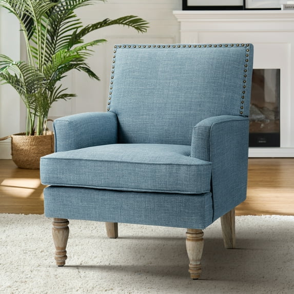 14 Karat Home Armchair with Turned Legs, Wooden Upholstered Armchair with Nailhead Trim and Unique Patterns, Blue
