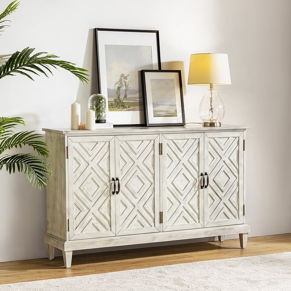 14 Karat Home Fall Dining Sideboard 4 Doors Adjustable Shelves Geometric Patterns Solid Wooden Legs White