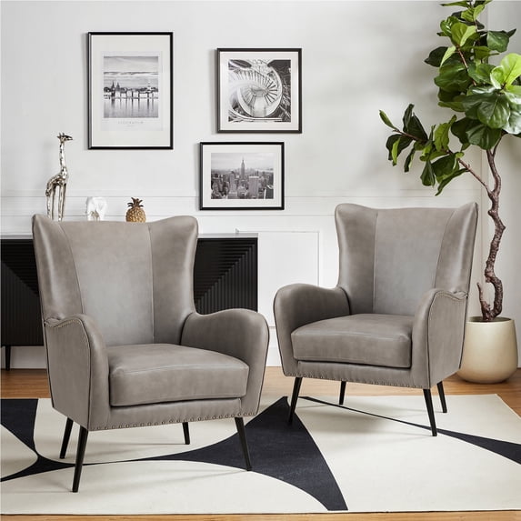 Faux Leather Armchair Upholstered Wingback Chair Set of 2 for Living Room Bedroom Grey