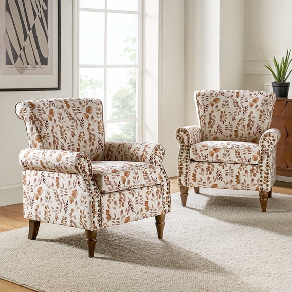 Floral Accent Chairs 2 Pieces Upholstered Yellow Armchairs Bedroom Living Room