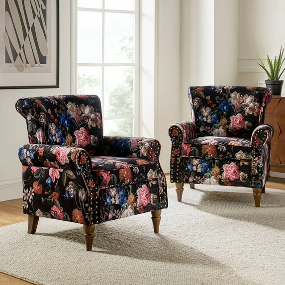 Floral Black Accent Chairs 2 Pieces Upholstered Club Armchairs Living Room