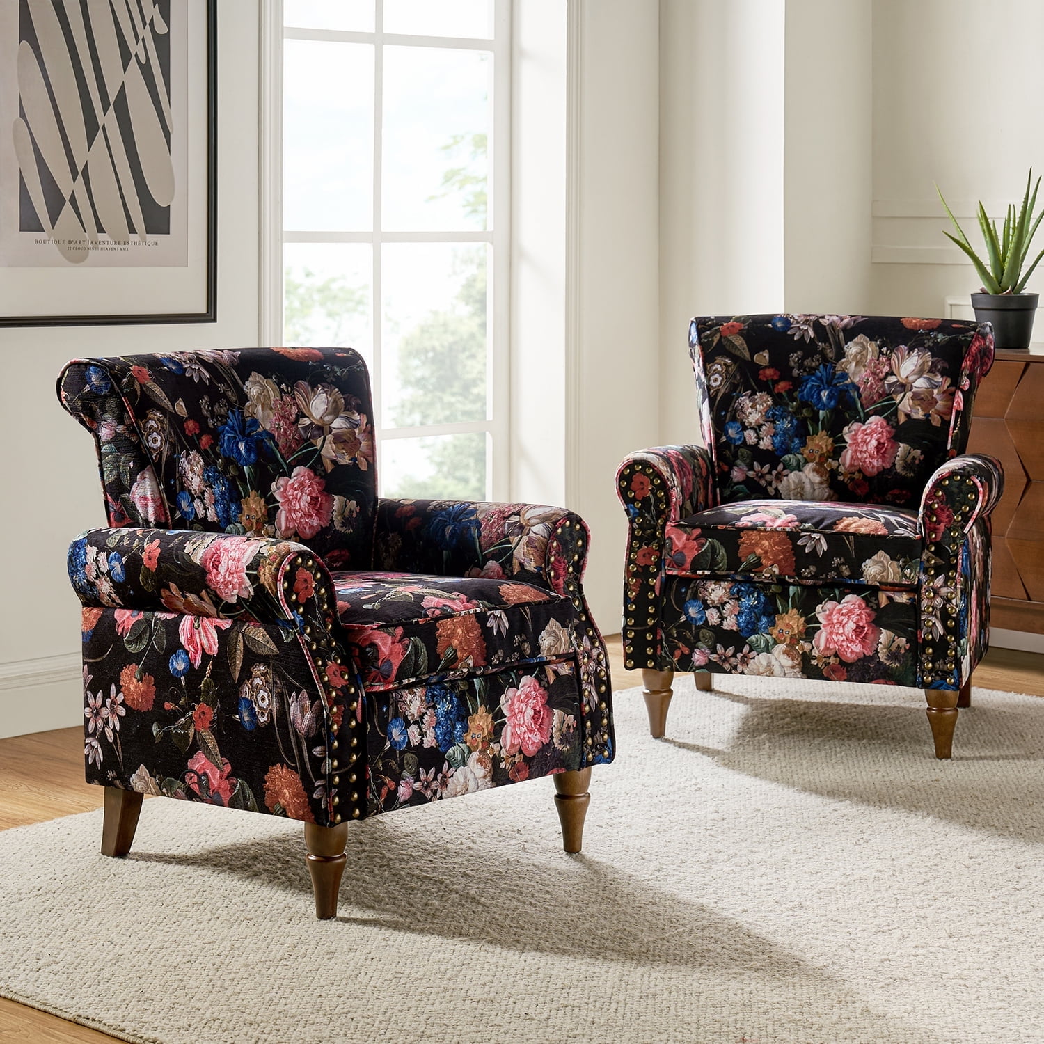 Black Floral Polyester Armchairs with Nailhead Trim, Set of 2