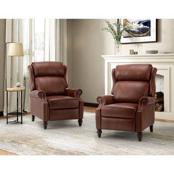 14 Karat Home Genuine Leather Manual Recliner Set of 2, Wingback Push Back Recliner with Solid Wood Legs, Brown