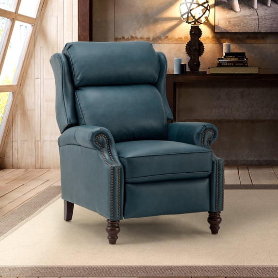 Genuine Leather Manual Recliner, Wingback Push Back Recliner with Solid Wood Legs, Turquoise