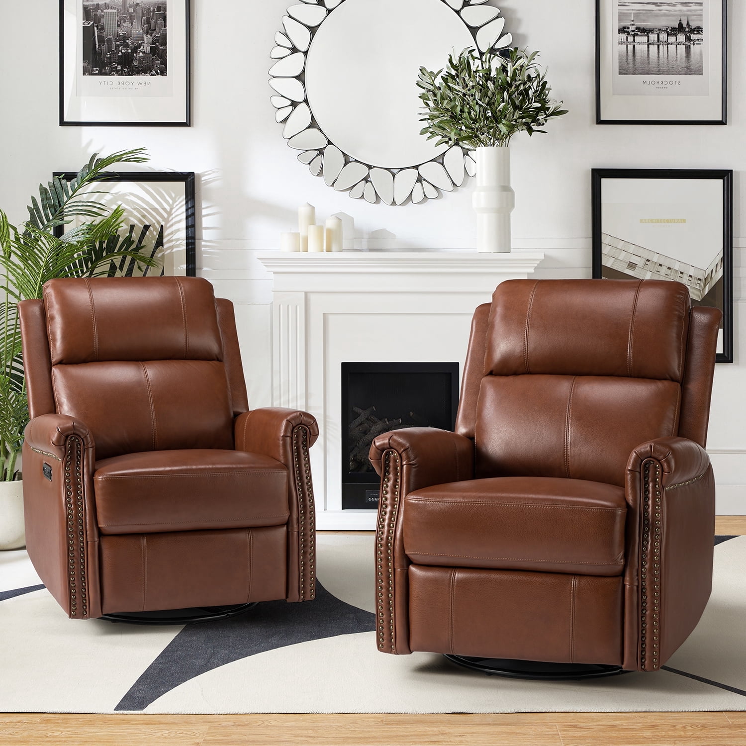 Genuine Leather Power Swivel Rocking Recliner Chair Set of 2 with USB ...