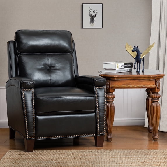 Genuine Leather Recliner Cigar Chair Birch Wood Legs Nailhead Trim Living Room Bedroom Black