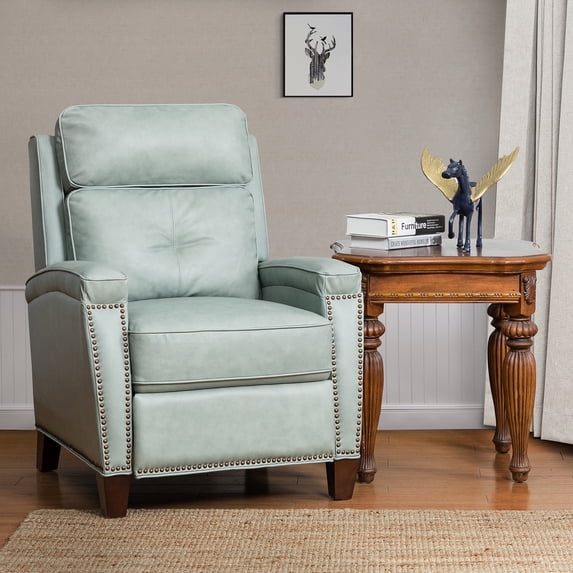 Genuine Leather Recliner Cigar Chair Birch Wood Legs Nailhead Trim Living Room Bedroom Sage