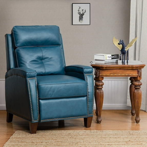 Genuine Leather Recliner Cigar Chair Birch Wood Legs Nailhead Trim Living Room Bedroom Turquoise