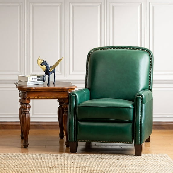 Genuine Leather Recliner Cigar Chair Modern Retro Armchair Birch Wood Legs Nail Head Trim Bedroom Green