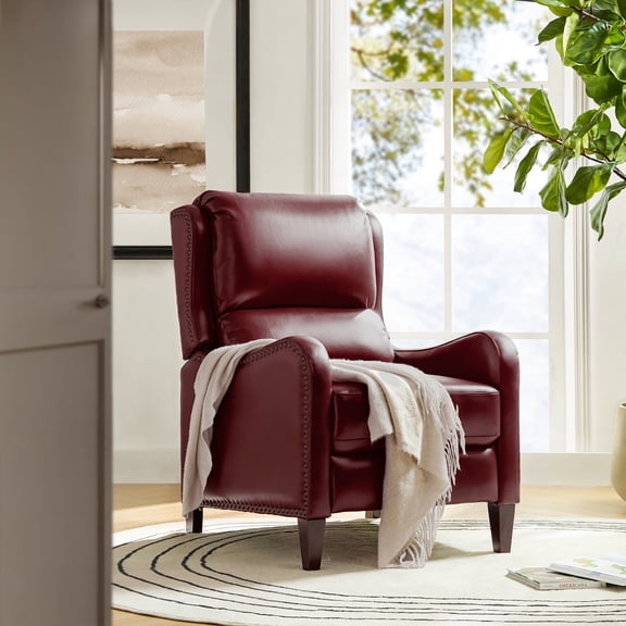 Genuine Leather Recliner Chair Push Back Wingback with Nailhead Trim for Living Room Bedroom Burgudy