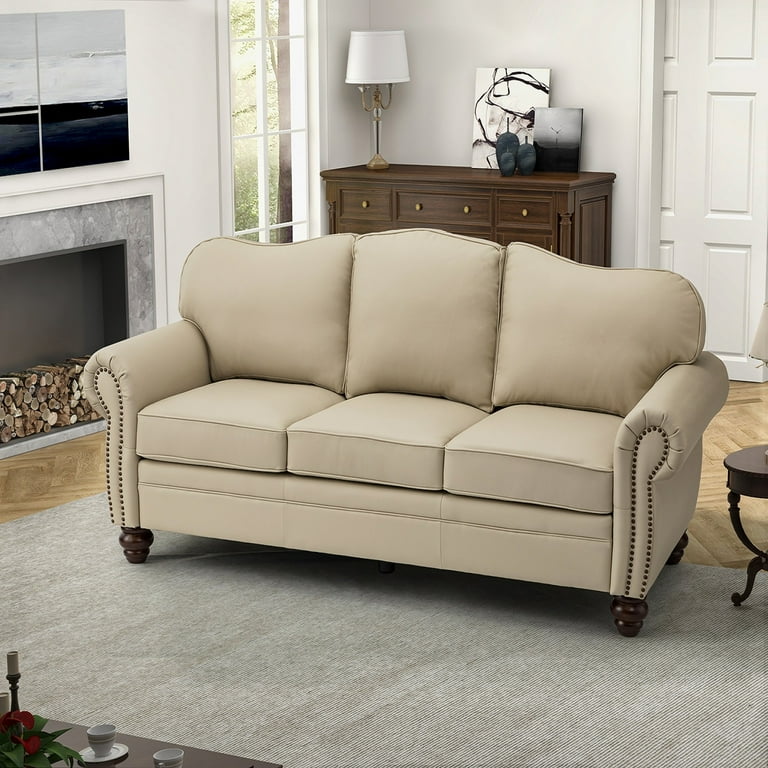 14 Karat Home Genuine Leather Sofa with Rolled Arms and Nailhead Trims for Living Room BEIGE