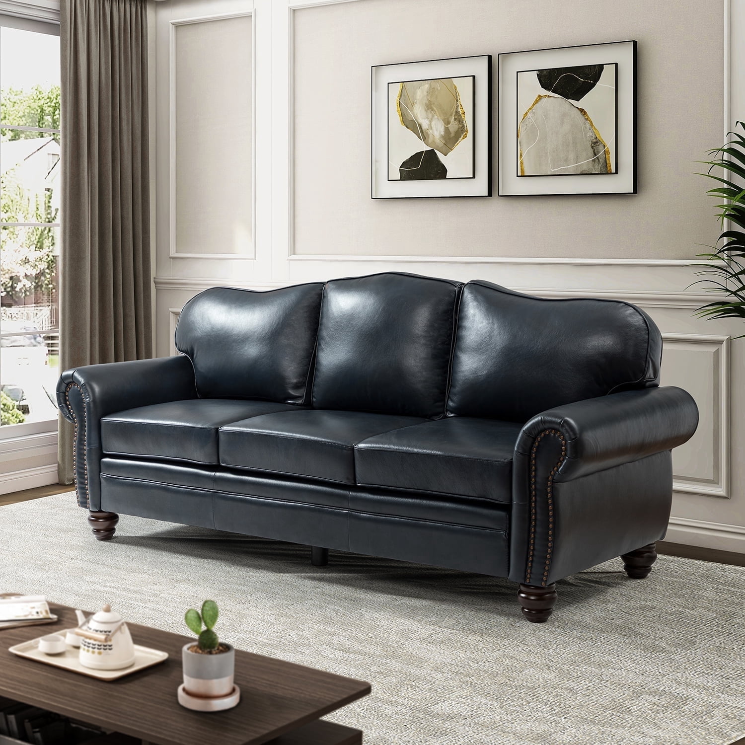 14 Karat Home Genuine Leather Sofa with Rolled Arms and Nailhead Trims for Living Room, NAVY