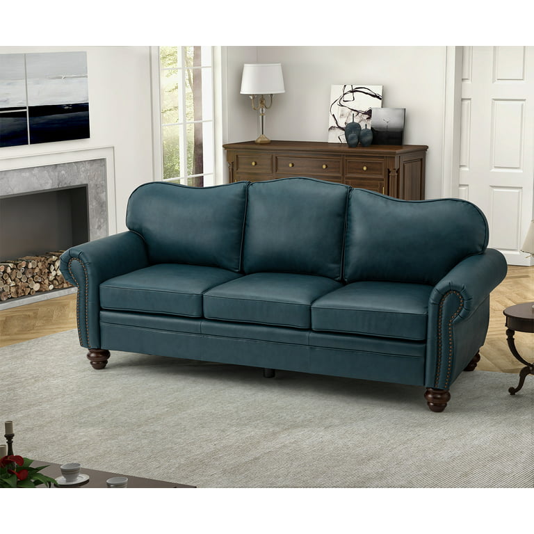 14 Karat Home Genuine Leather Sofa With Rolled Arms And Nailhead Trims For Living Room Turquoise Com