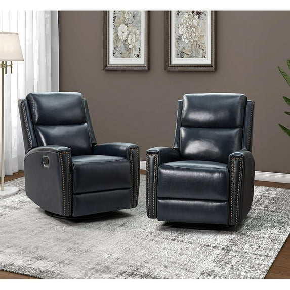 14 Karat Home Genuine Leather Swivel Rocker Recliner Set of 2, Manual Glider Recliner Chair, Modern Home Theater Lounge Sofa Armchair for Living Room Bedroom Navy