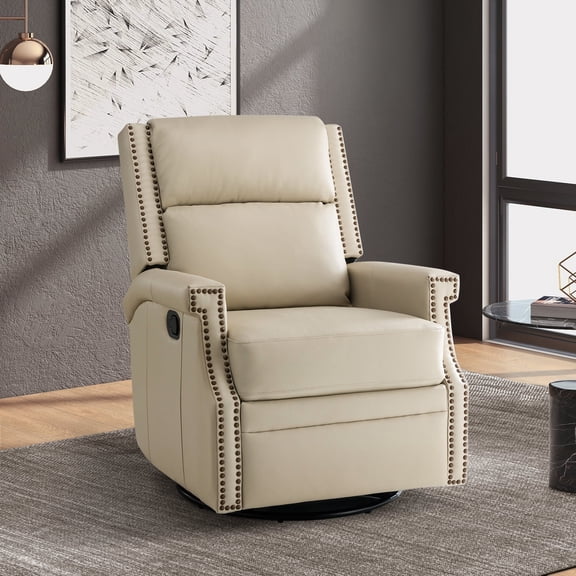 Genuine Leather Swivel Rocker Recliner Wingback Transitional Beige