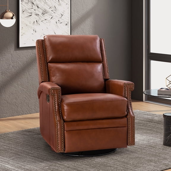 Genuine Leather Swivel Rocker Recliner Wingback Transitional Brown