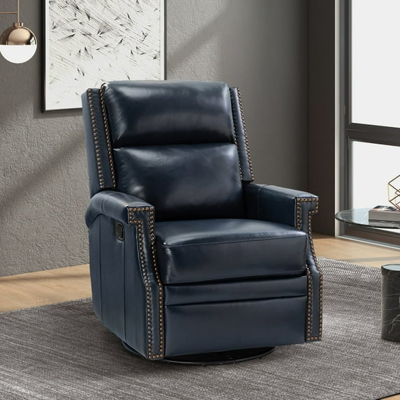 Genuine Leather Swivel Rocker Recliner Wingback Transitional Navy