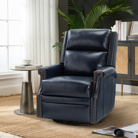 Genuine Leather Manual Swivel Rocker Recliner Chair with Wingback for Living Room, Nursery, Reading Room Navy