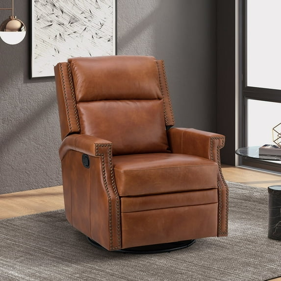 Genuine Leather Swivel Rocker Recliner Wingback Transitional Saddle