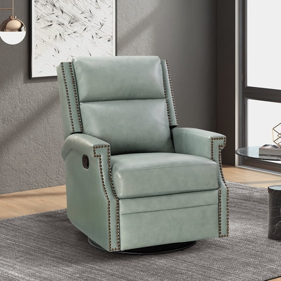 Genuine Leather Swivel Rocker Recliner Wingback Transitional Sage