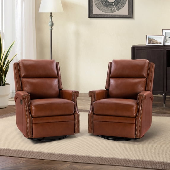 Genuine Leather Swivel Rocker Recliner Wingback Transitional Set of 2 Brown