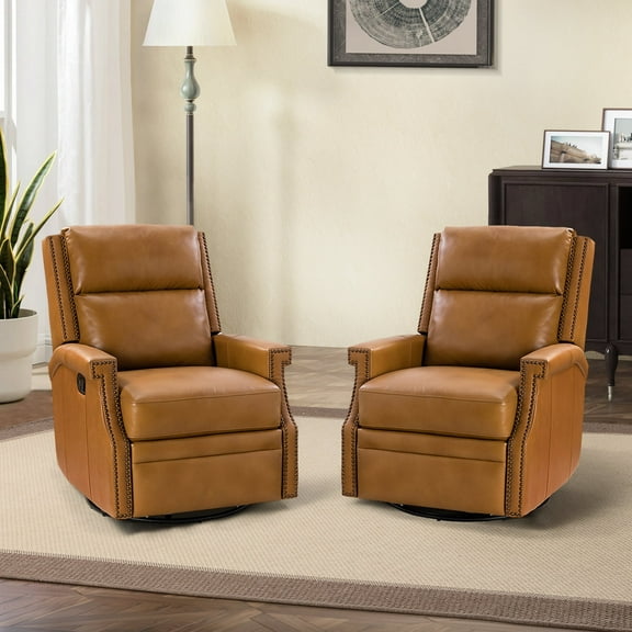 Genuine Leather Swivel Rocker Recliner Wingback Transitional Set of 2 Camel