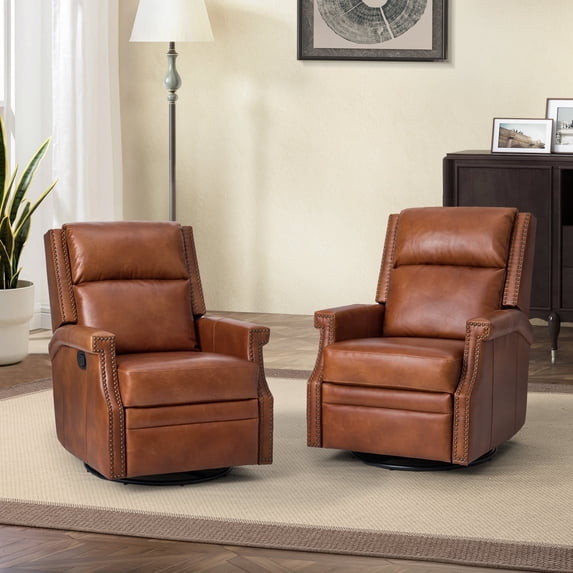 Genuine Leather Swivel Rocker Recliner Wingback Transitional Set of 2 Saddle