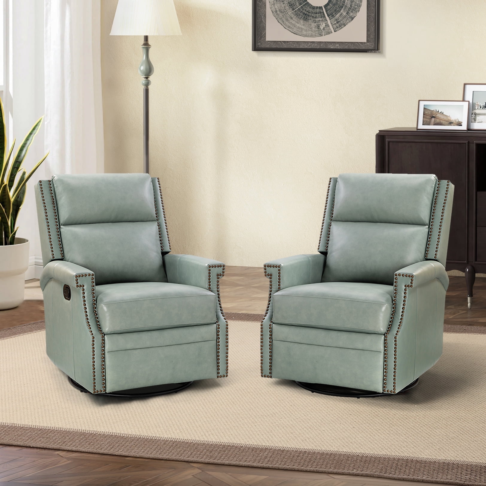 Genuine Leather Swivel Rocker Recliner Wingback Transitional Set of 2 ...