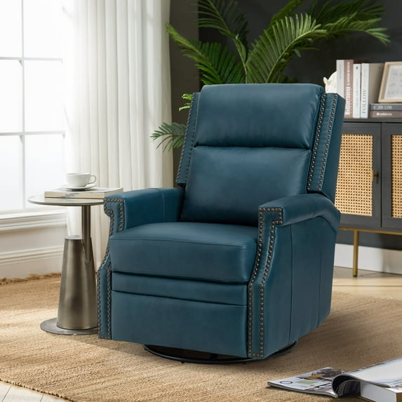Genuine Leather Swivel Rocker Recliner Wingback Transitional Turquoise