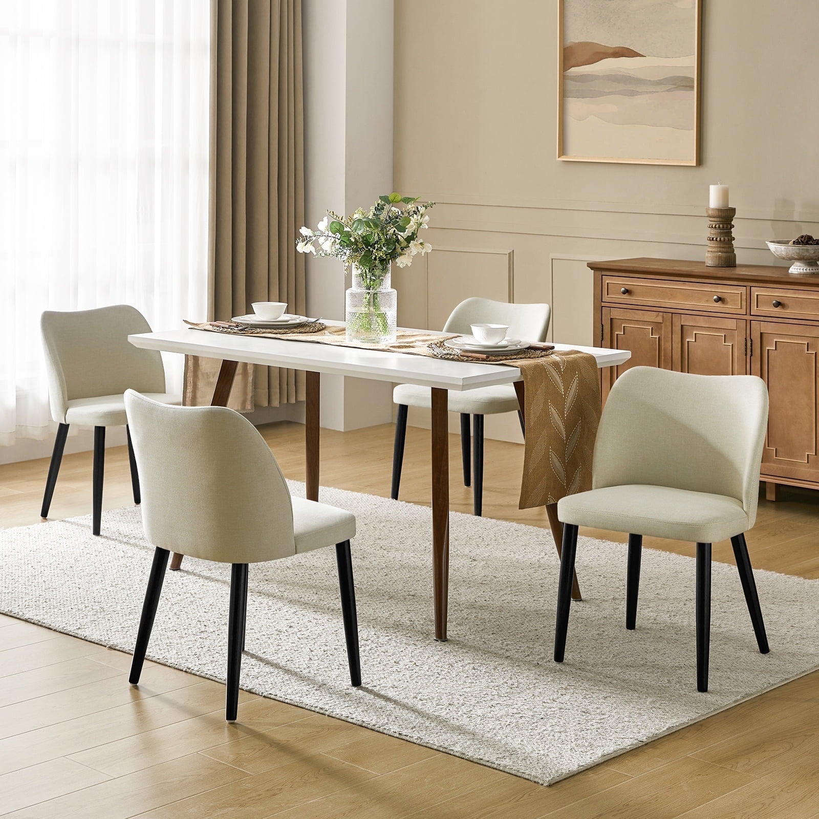 Ivory Upholstered Solid Wood Dining Chair Set of 4