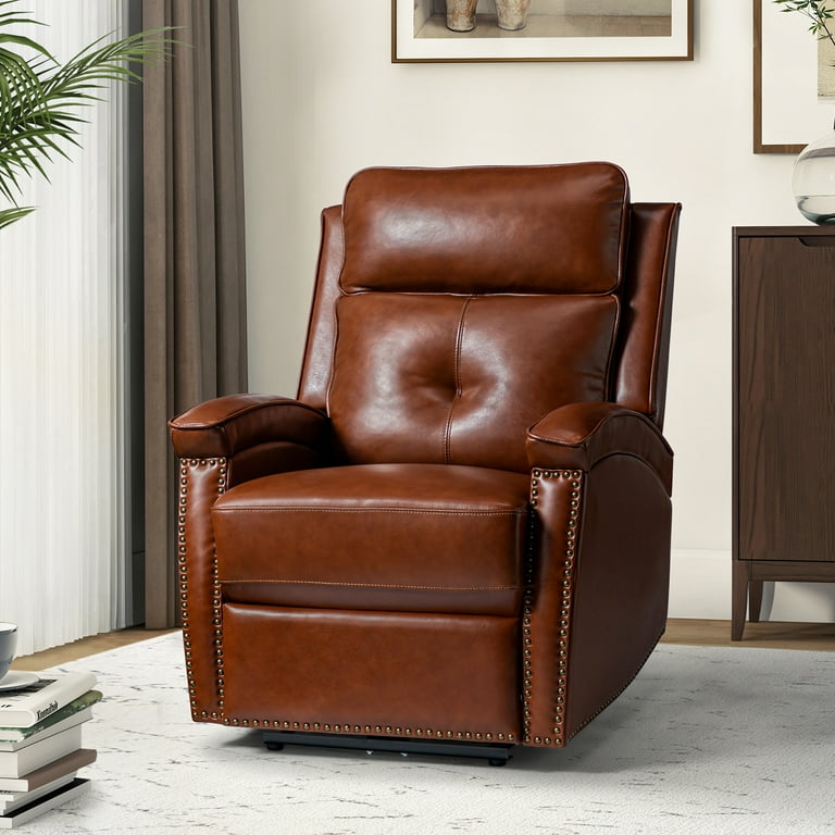 14 Karat Home Leather Power Recliner with Bronze Nailhead Trim for Living Room BROWN