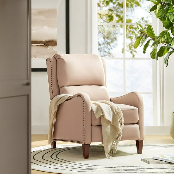 Genuine Leather Recliner Chair Push Back Wingback with Nailhead Trim for Living Room Bedroom Pink